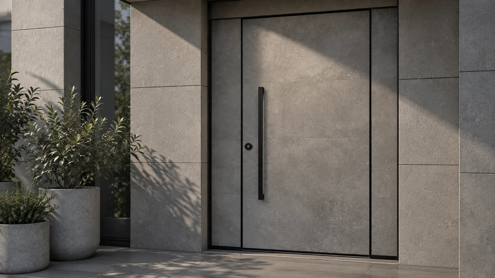 A Hermetix entrance door in a matte stone-look finish with a long black pull, framed by slim matching side panels in a grey stone facade, with leafy shrubs in pale concrete pots to the left.